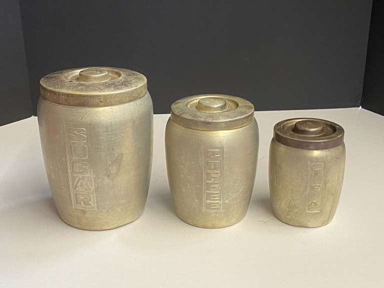 Vintage aluminum canister set, three pieces, see pictures for details. image