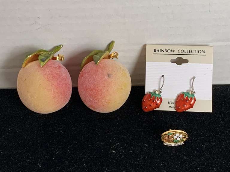 2 PEACH BROOCHES, PAIR ENAMEL STRAWBERRY PIERCED EARRINGS & DOGWOOD FESTIVAL LAPEL PIN - CHECKOUT image