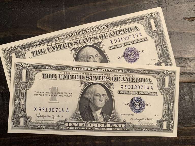 TWO 1957B $1 BLUE SEAL SILVER CERTIFICATES (VERY CRISP) - SERIAL NO X93139714A, X93130715A image