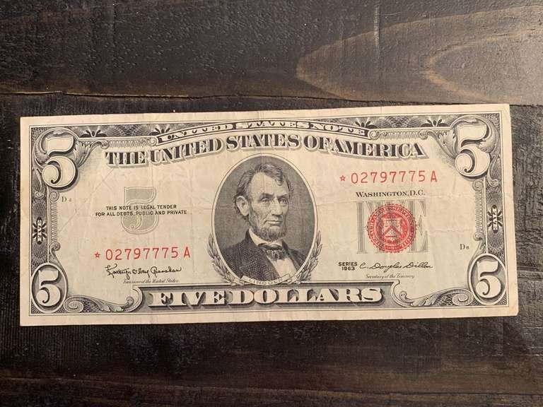 1963 $5 RED SEAL UNITED STATES STAR NOTE WITH UNIQUE SERIAL NUMBER - SERIAL NO *02797775A image