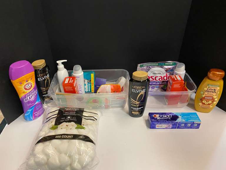 Shelf lot marked 6111 of assorted toiletries to include shampoo, toothpaste, cotton balls, whole body deodorant, and Moore. Tubs are not included, see pictures for details. image