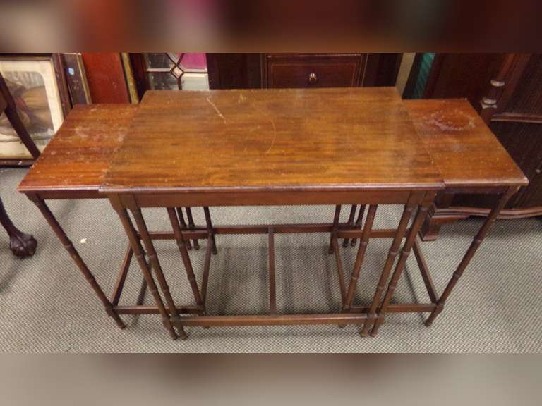 ANTIQUE WOODEN ACCORDION OR EXPANDING CONSULT TABLE WITH DROP LEAF DESIGN AND BAMBOO STYLE LEGS image