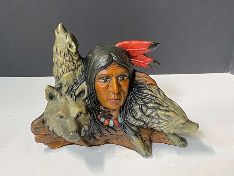 Ceramic Native American with wolf bust, see pictures for details. image