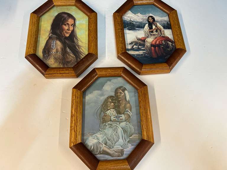 Framed Native American art prints, three pieces, see pictures for details. image