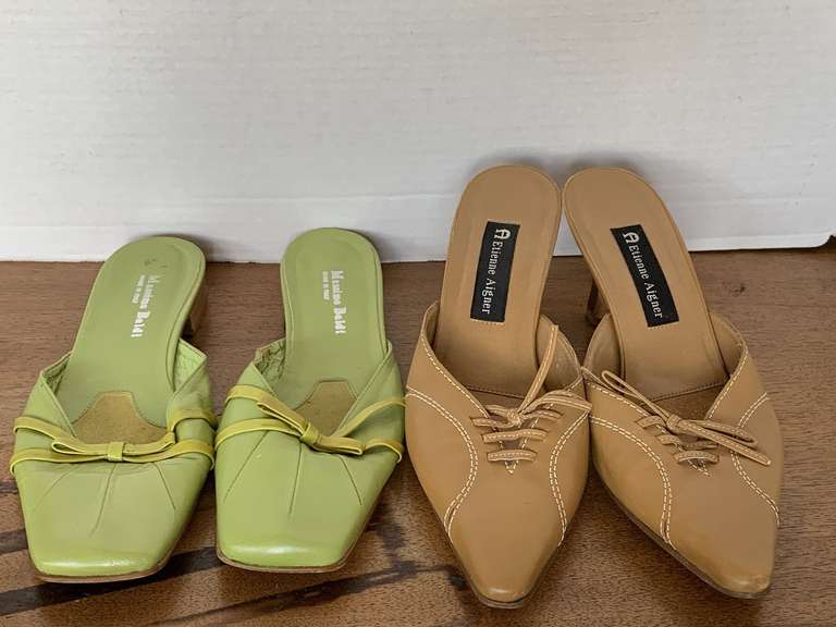 USED ETIENNE AIGNER CAMEL LEATHER HEELS SIZE 8 1/2M & USED MASSIMO BALDI SEAFOAM FLATS SIZE 7 1/2 image