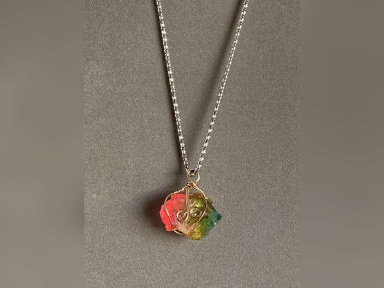 WIRE WRAPPED RAINBOW QUARTZ PENDANT ON SILVERTONE CHAIN 20" LONG - CHECKOUT image