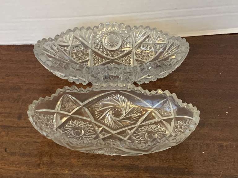 2 VINTAGE GLASS NUT/CANDY DISHES - 1 AMERICAN BRILLIANT CUT GLASS, 1 STAR OF DAVID 8" LONG image