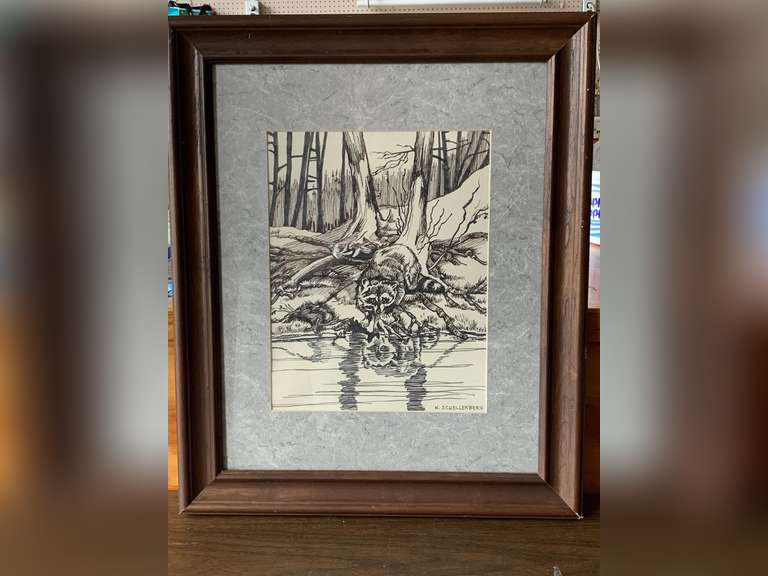 PEN AND INK DRAWING - RACOON IN FOREST BY N. SCHELLENBERG FRAMED/MATTED 19 3/4" X 23 3/4" image