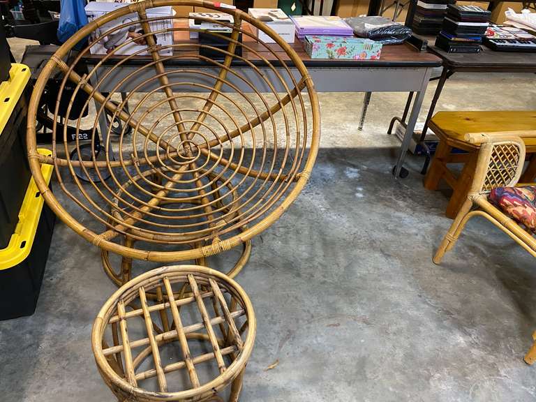 Rattan Papasan chair with ottoman, no cushions, see pictures for details. image