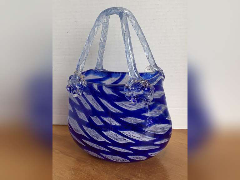 HAND BLOWN ART GLASS COBALT/CLEAR PURSE 9 1/2" TALL X 7" LONG image