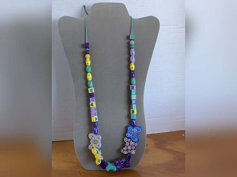 HANDMADE HAND PAINTED WOODEN BEAD & BUTTERFLY NECKLACE 28" LONG - CHECKOUT image