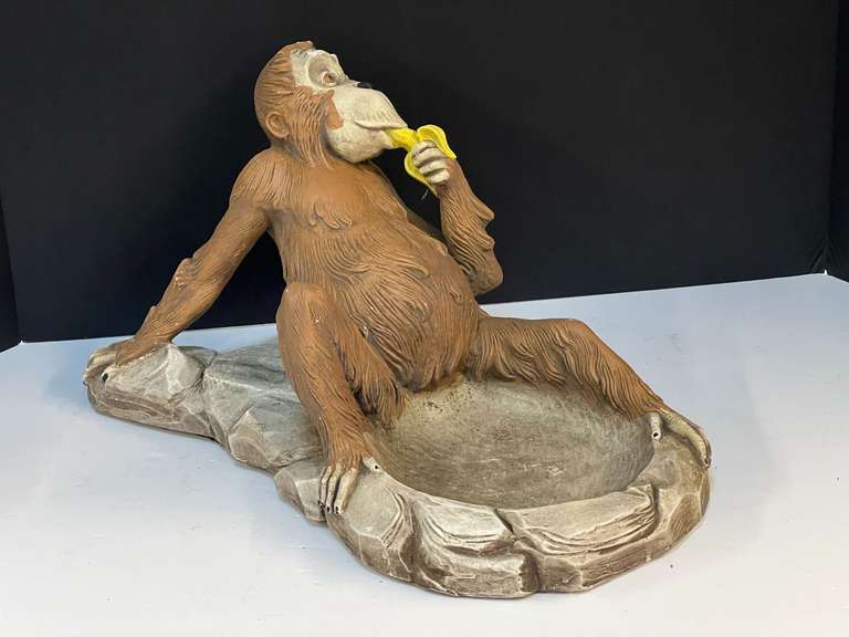 Vintage lazy monkey with bowl sculpture, this piece can be used as a trinket dish, ashtray, candle holder, etc. See pictures for details. image