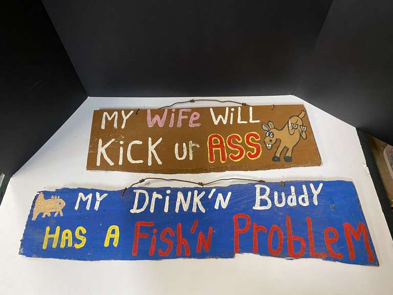 Folk art man cave decor, two pieces, see pictures for details. image