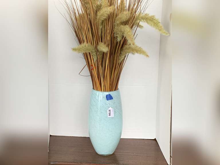 HAND BLOWN LIGHT TURQUOISE BLOWN GLASS VASE 12" TALL X 6 1/2" WIDE WITH DRIED FLORAL image