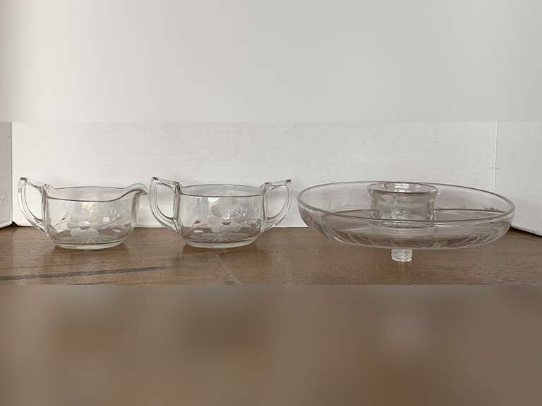VINTAGE FLORAL CUT CRYSTAL SUGAR/CREAMER & VINTAGE ROUND ETCHED BOWL (FITS ON TOP OF CANDLESTICK) 8 1/4" image
