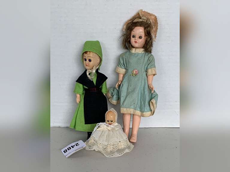 VINTAGE AMISH DOLL 6 1/2" TALL, VINTAGE DOLL 8" TALL & VINTAGE BABY DOLL 2 3/4" TALL image