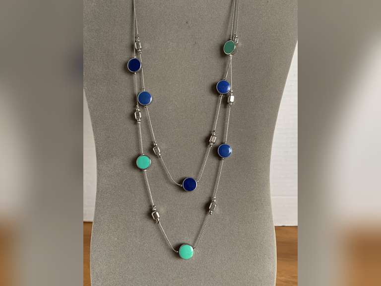 SILVERTONE DOUBLE CHAIN NECKLACE W/ FAUX TURQUOISE & LAPIS 20" LONG - CHECKOUT image