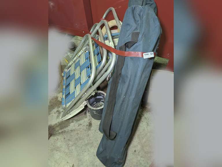 ALL ITEMS IN AREA MARKED OFF AS 1096 INCLUDING FOLDING CAMP CHAIRS, VINTAGE FOLDING BEACH CHAIRS, SOCKETS, DRILL BITS, VINTAGE VACUUM, AND MORE image