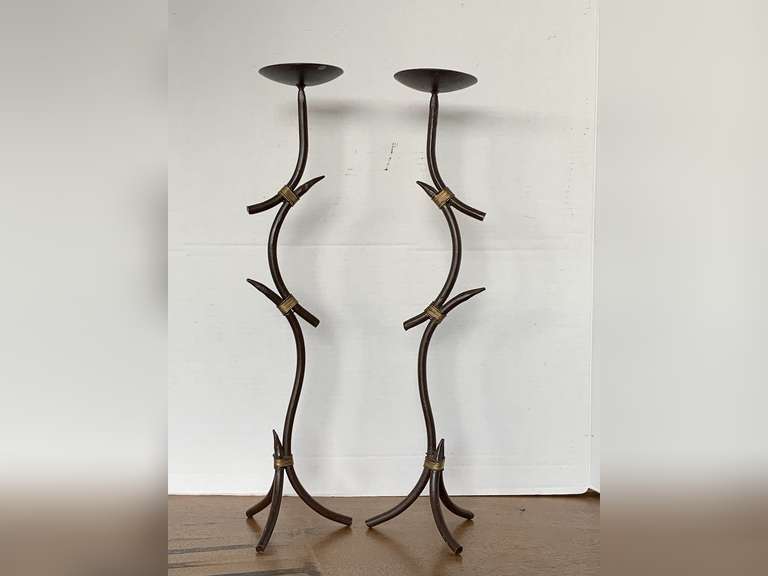 PAIR RETRO BRONZE METAL PILLAR CANDLESTICKS 18" TALL image