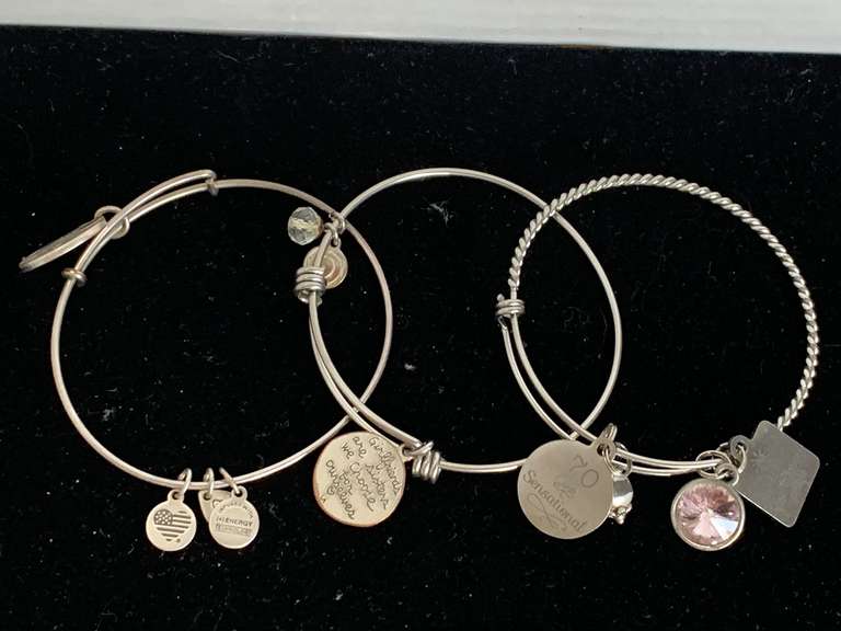 VINTAGE SENSATIONAL CHARM FRIENDSHIP STAINLESS STEEL & SILVER PLATED CHARMS ON SILVER PLATED EXPANSIVE BANGLE & 2 VINTAGE ALEX AND ANI STAINLESS EXPANDABLE BANGLE W/ CHARMS - CHECKOUT image