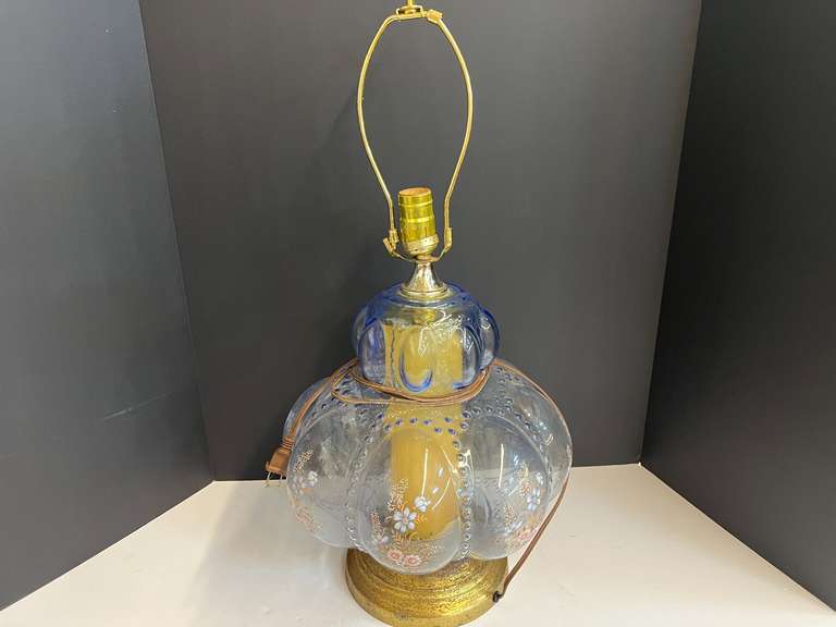 Vintage Hollywood Regency Mid-Century Modern clear blue melon floral table lamp, believed to be a Carl Falkenstein lamp, see pictures for details. image