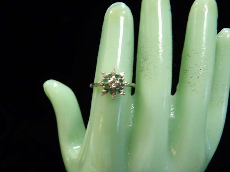 14 KARAT WHITE GOLD RING SIZE 6.25 WEIGHING APPROXIMATELY 2.9 G WITH DIAMONDS AND GREEN GEMSTONE image