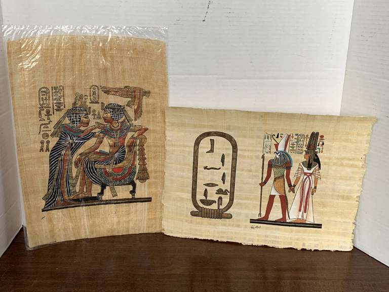 2 SIGNED EGYPTIAN PAPYRUS ART - HAND PAINTED - READY TO FRAME 9X14, 10X13 image