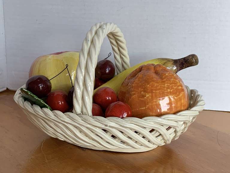 VINTAGE WHITE CERAMIC WOVEN BASKET WITH FRUIT 9" X 7" image