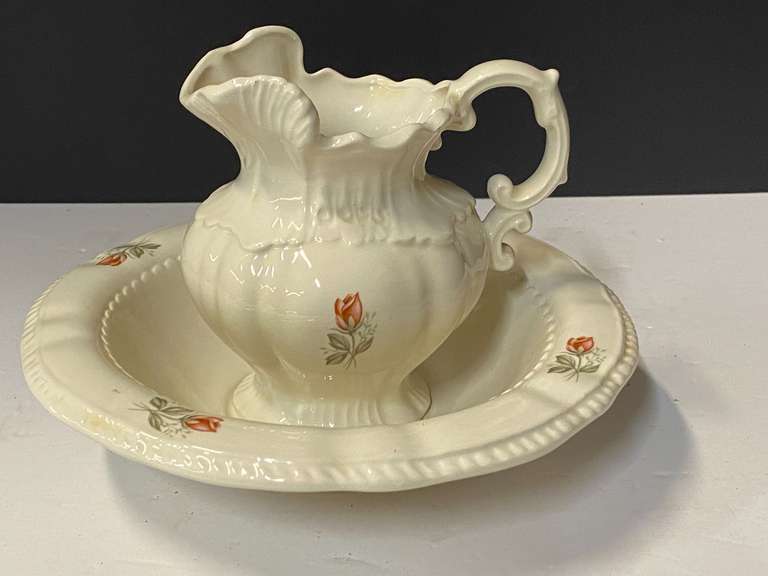 Vintage ceramic pitcher and bowl decor with floral motif, pitcher spout is cracked, see pictures for details. image