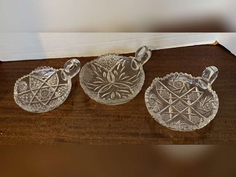 3 VINTAGE AMERICAN BRILLIANT CUT GLASS NAPPY DISHES W/ HANDLES image