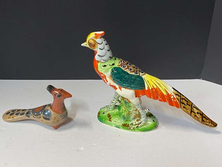 Vintage pheasant bird figurine, pheasant tail appears to have broken and been repaired, also includes a Mexican art pottery bird figurine, see pictures for details. image