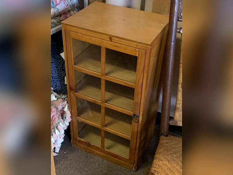 LIGHTWEIGHT WOOD DISPLAY CABINET W/ 4 SHELVES & GLASS PANEL DOOR 16" WIDE X 12" DEEP X 30" TALL image