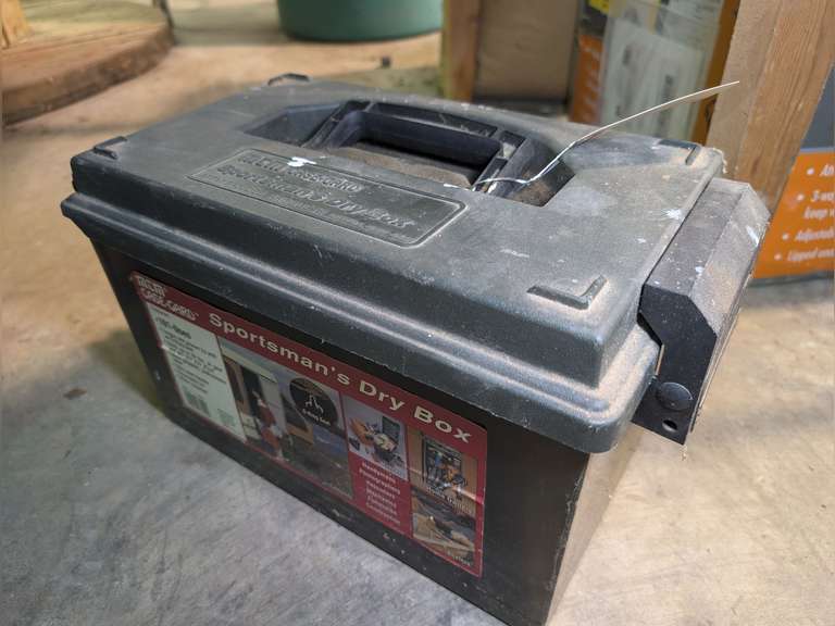 MTM CASE-GARD SPORTSMEN'S DRY BOX AND CONTENTS INCLUDING TORCHES, KNIFE HONING STONES / SHARPENERS, AND MORE image