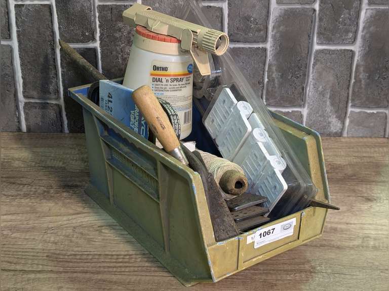 PLASTIC STORAGE BIN AND CONTENTS INCLUDING TIRE IRON, NEW IN PACKAGE HINGES, DRILL BIT STAND, DRILL BIT INDICES, ORTHO DIAL 'N SPRAY, AND MORE image