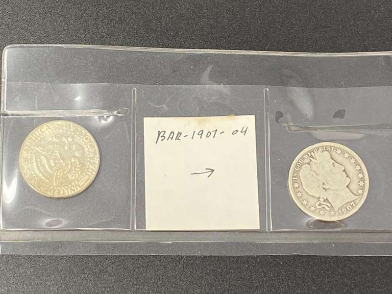 1907–04 Barber silver half dollar, also includes a 1964–01 Kennedy silver half dollar, see pictures for details. image