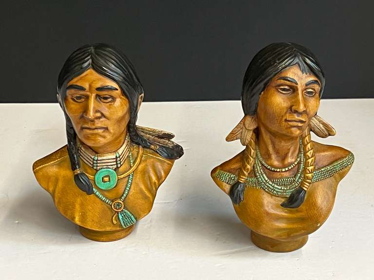 Ceramic native American busts, set of two, see pictures for details. image
