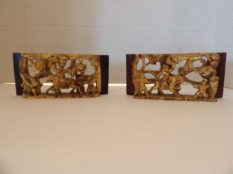 TWO ANTIQUE CHINESE GOLD GILT WOOD CARVED PLAQUE OF BATTLE ON HORSE image