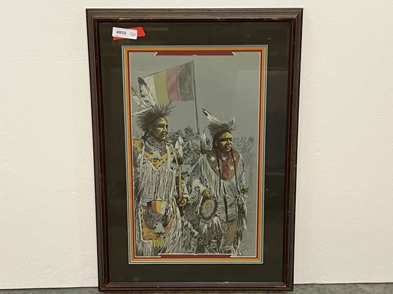 Framed and matted Native American ledger art, this type of art used colored pencils and ink, see pictures for details. image