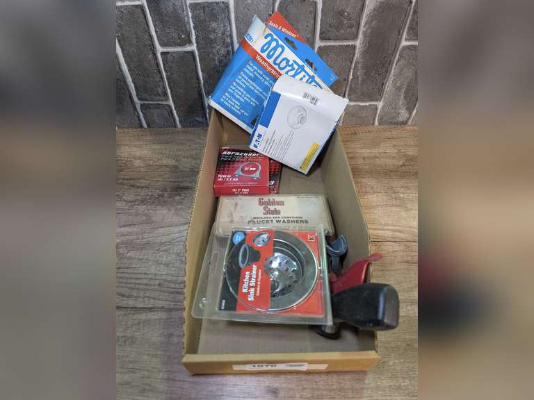 GOLDEN STATE FAUCET WASHERS, EATON KEYLESS LAMP HOLDER WITH ORIGINAL BOX, PAIR OF HEAVY DUTY EXHAUST CLAMPS, SPRAY PAINT TRIGGER ASSEMBLY, KITCHEN SINK STRAINER, AND MORE image