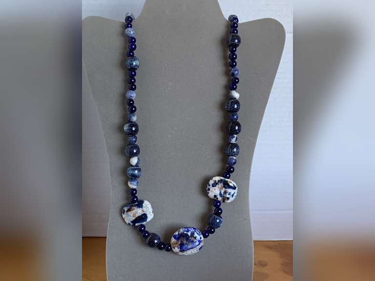 COBALT BLUE MIXED NECKLACE WITH PORCELAIN AND (APPEARS TO BE) LAPIS BEADS 24" LONG - CHECKOUT image