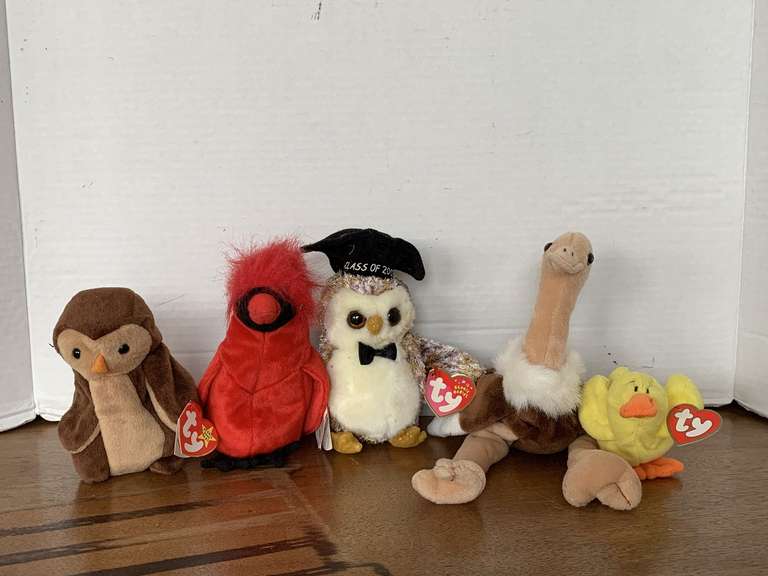 5 TY BEANIE BABIES (TEENIE 1993 QUACKS, 1997 STRETCH, 2001 SMARTER W/ TAG ERROR, 1999 MAC, 1995 HOOT) image