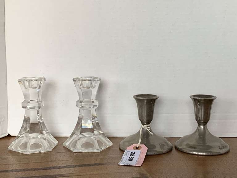 VINTAGE PAIR WILLIAM A ROGERS SILVERPLATE CANDLESTICK 4" TALL & PAIR HEAVY CRYSTAL CANDLESTICKS 5" TALL image