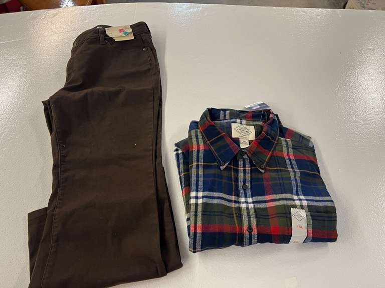 St. John’s Bay apparel to include a flannel shirt, size 4 XL, also includes flare leg jeans, size 18 W, still new with tags, see pictures for details. image