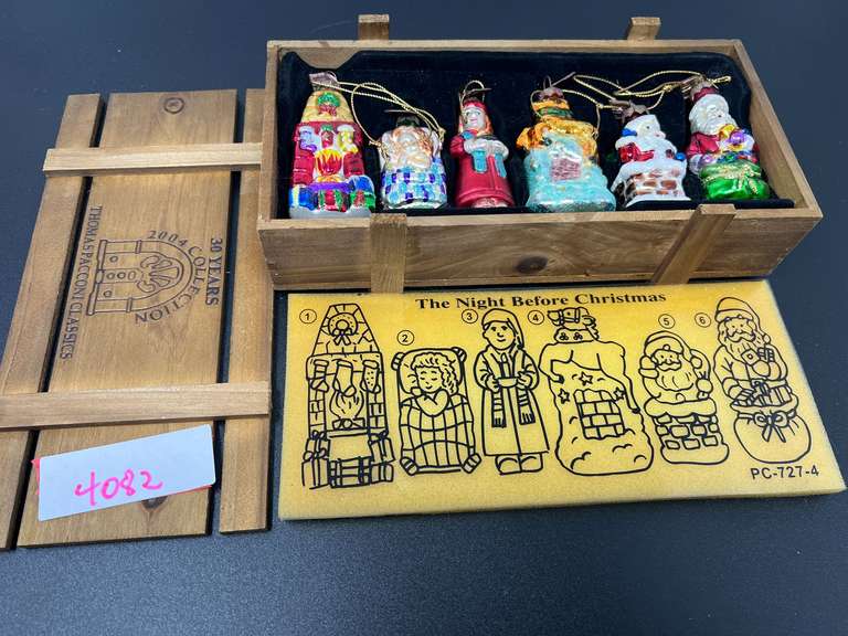 Thomas Pacconi classics, 2004 collection, small glass Christmas ornaments, set of six, comes with collectible wooden storage box, see pictures for details. image
