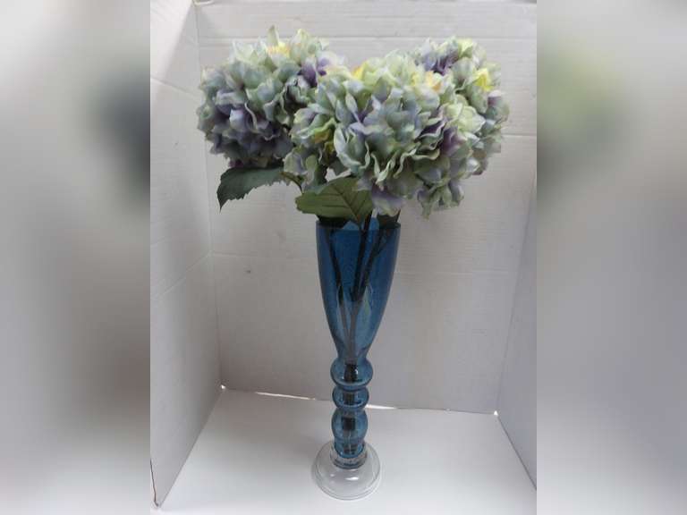 BLUE VASE WITH SILK HYDRANGEA FLOWERS image