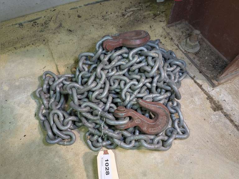 APPROXIMATELY 25 FT OF 3/8" CHAIN WITH PAIR OF USA FORGED HOOKS image