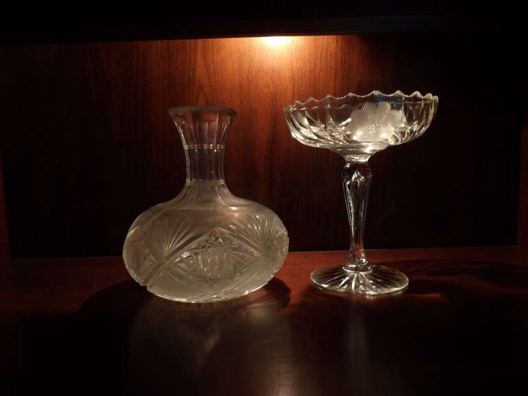 CARAFE AND CUT GLASS COMPOTE GLASS DECANTER image