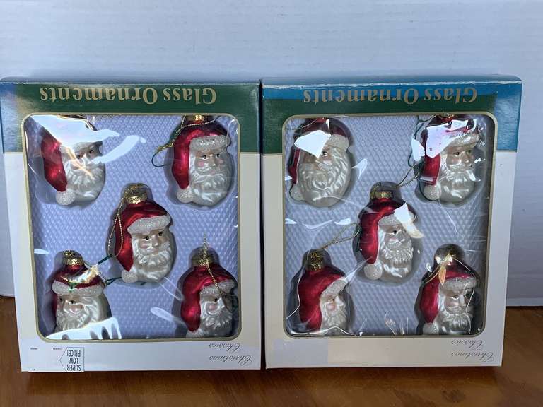 2 BOXES OF 5 VINTAGE GLASS SANTA CLAUS ORNAMENTS image