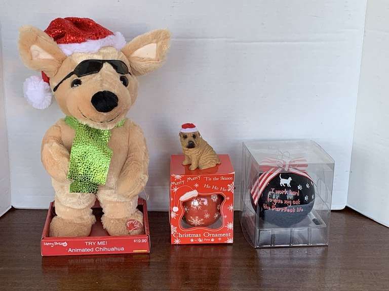 ANIMATED CHRISTMAS CHIHUAHUA 12" TALL, 2 DOG ORNAMENTS & 1 CAT ORNAMENT image