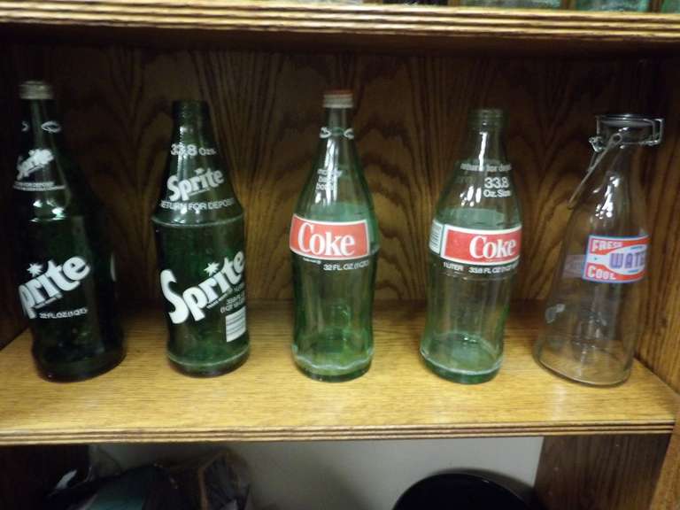 LOT OF FIVE LARGE COLLECTIBLE, SODA, BOTTLES, SPRITE, COKE, AND FRESH COOL WATER image